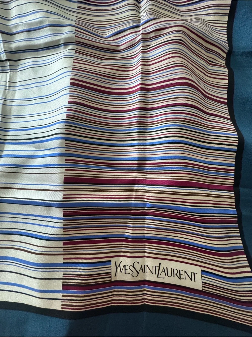Yves Saint Laurent Multicolor Striped Silk Scarf with Teal Border